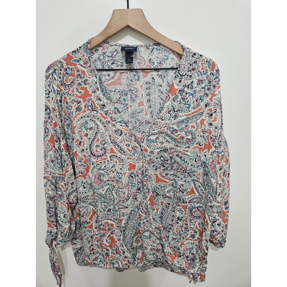 Daytrip Womens Paisley Surplice V-Neck Tie Sleeve Rayon Blouse Coral Blue Medium